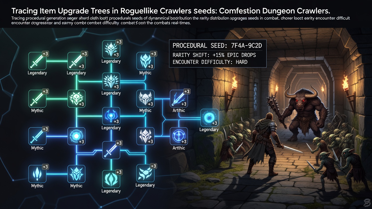 Roguelike dungeon crawler interface showing item upgrade tree branches influenced by procedural seeds