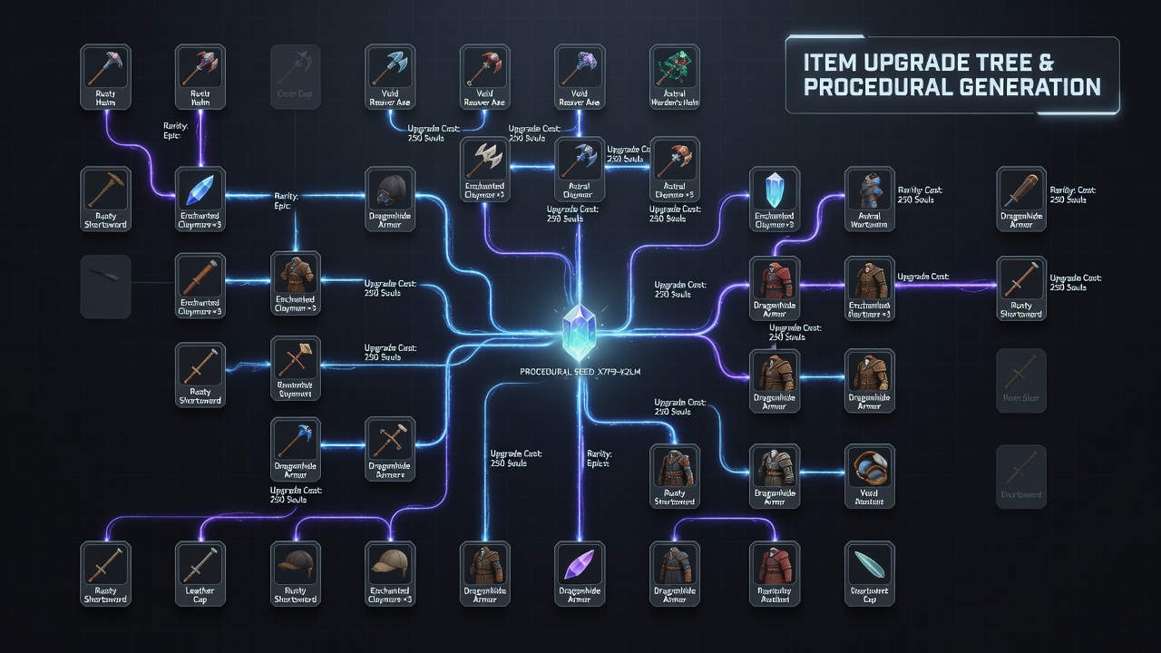Detailed view of procedural seed parameters affecting enemy spawns and item rarities in a roguelike crawler