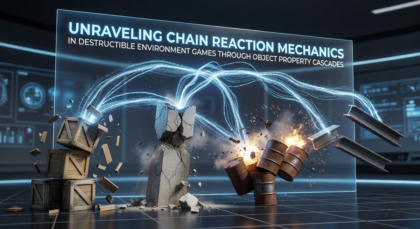 Detailed visualization of object property cascades triggering chain reactions across a destructible game environment with labeled elements showing flammability, mass, and conductivity interactions