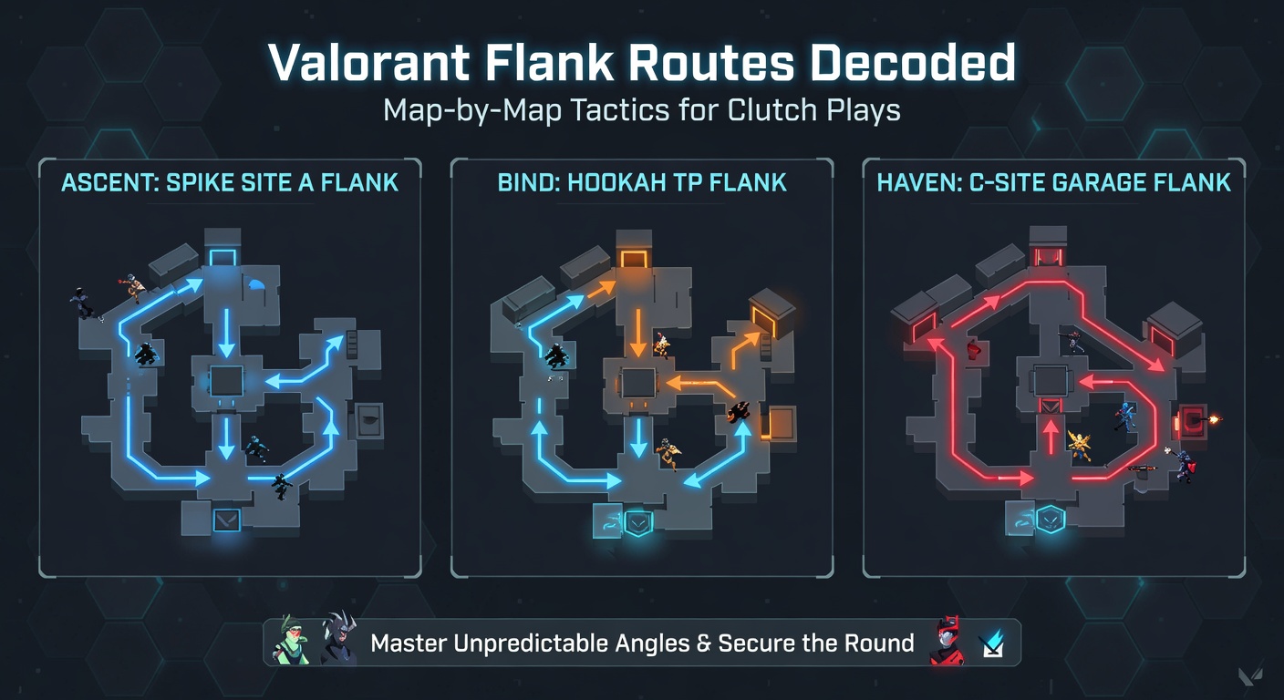 Overview of a key flank route on Bind mid in Valorant, highlighting teleport paths for surprise attacks